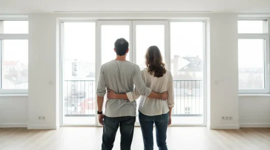 Couple trentenaire visitant un appartement neuf lumineux pour investissement locatif