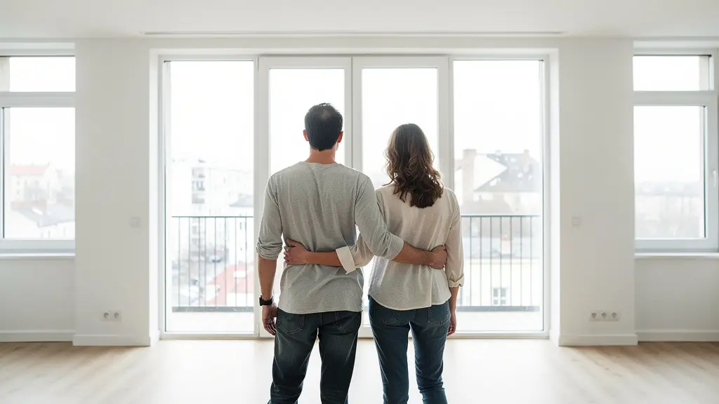 Couple trentenaire visitant un appartement neuf lumineux pour investissement locatif