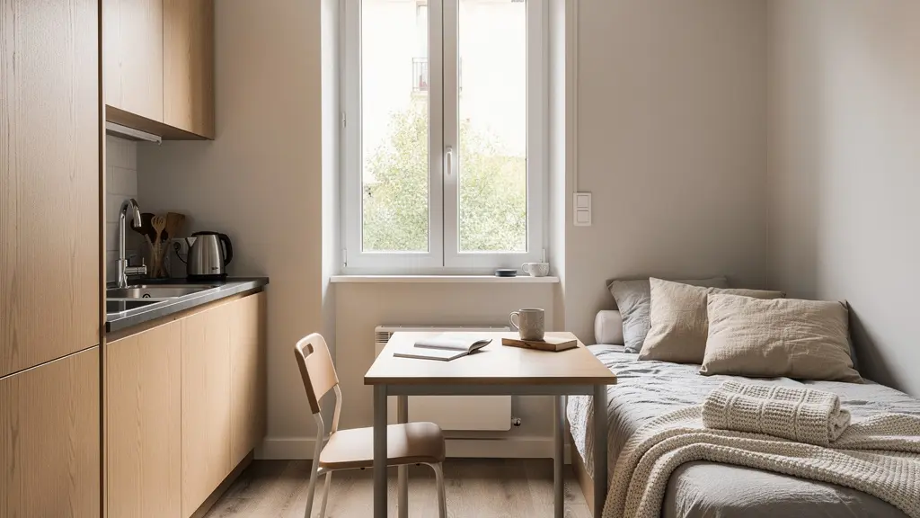 Intérieur studio meublé moderne compact pour investissement locatif
