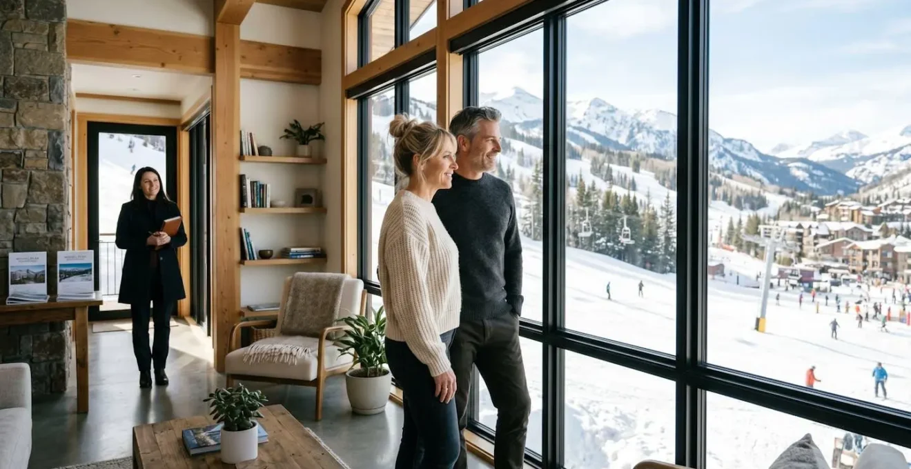 Couple visitant un appartement lumineux en station de montagne avec vue sur les pistes