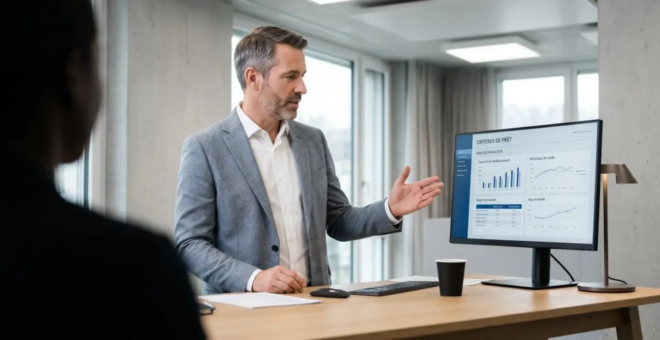Conseiller bancaire présentant grille de critères d'octroi de crédit immobilier sur écran d'ordinateur dans bureau contemporain, graphiques de taux visibles, ambiance professionnelle