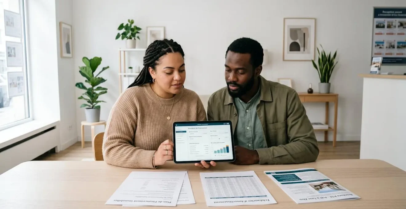 Couple trentenaire consultant une simulation de financement immobilier sur tablette dans une agence immobilière contemporaine, documents plan de financement et brochure PTZ visibles sur table en bois clair, lumière naturelle douce