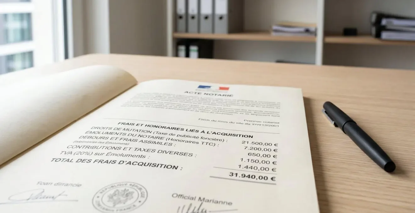 Document acte notarié ouvert détaillant frais acquisition immobilière ligne par ligne (droits mutation, émoluments, débours) sur bureau bois clair, stylo noir posé à côté, lumière naturelle douce