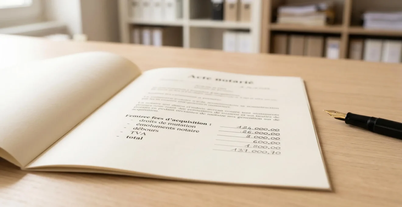 Document acte notarié ouvert détaillant frais acquisition immobilière ligne par ligne (droits mutation, émoluments, débours) sur bureau bois clair, stylo noir posé à côté, lumière naturelle douce