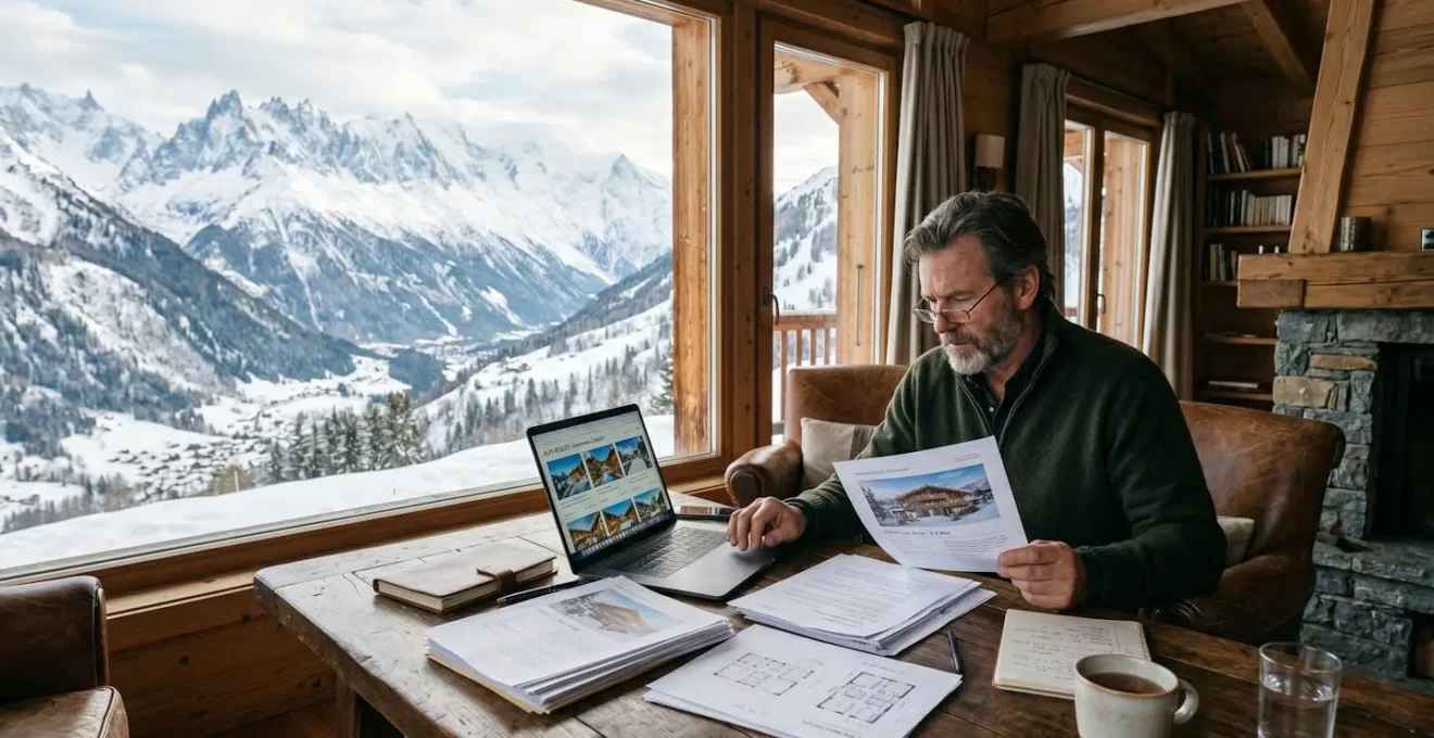 Propriétaire consultant des documents d'estimation immobilière face à un panorama alpin enneigé
