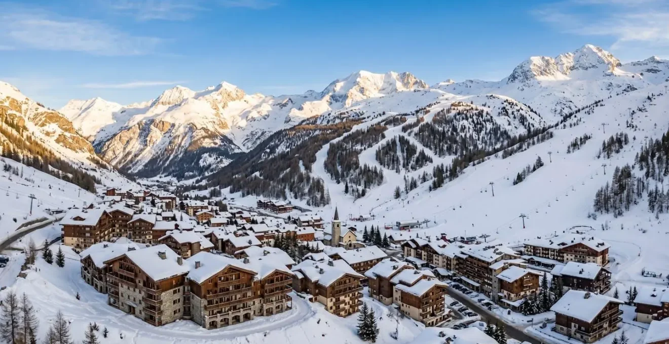 Vue aérienne de résidences de station en Tarentaise sous un ciel dégagé, pistes en arrière-plan
