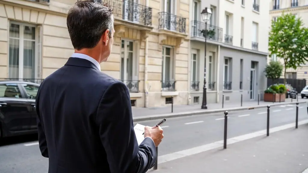 Agent immobilier évaluant l'environnement extérieur et le quartier d'un bien immobilier