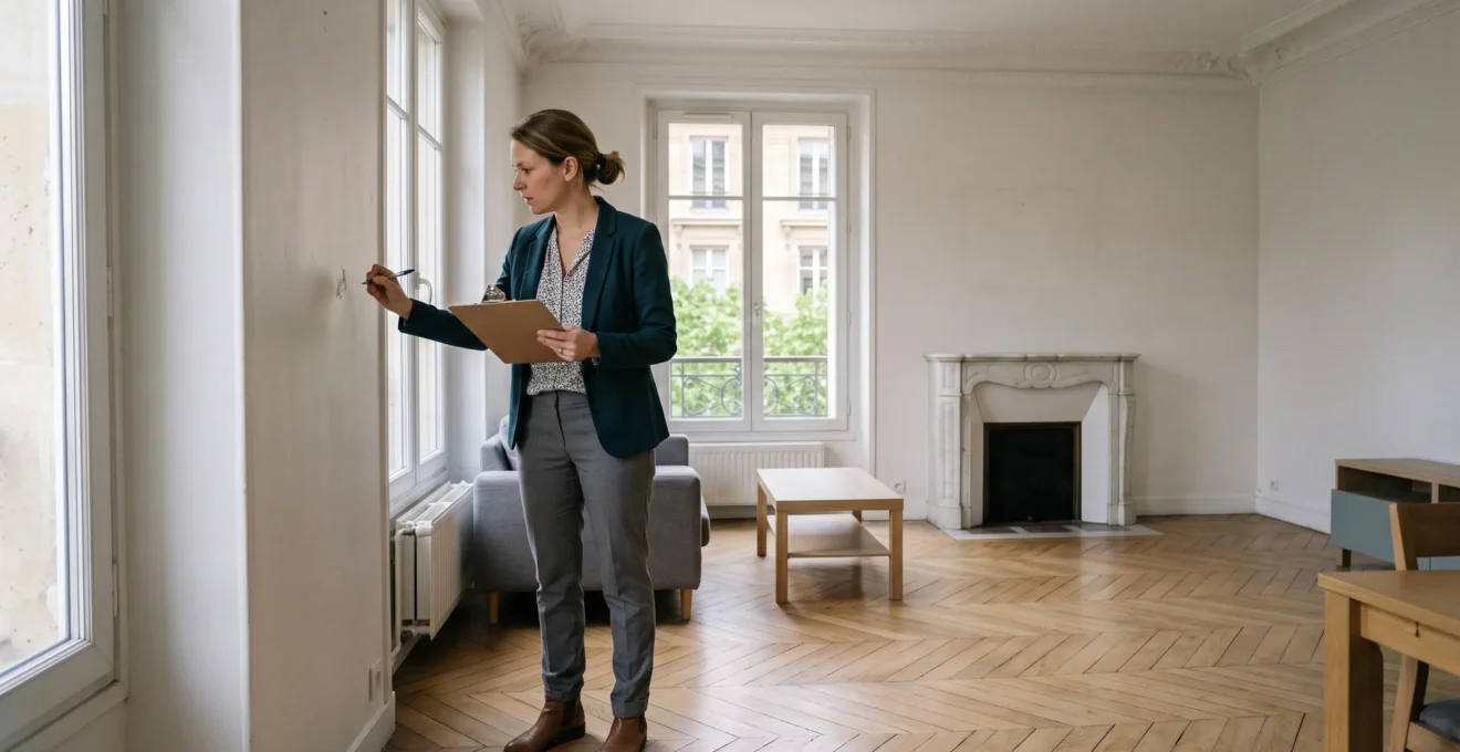 Agent immobilier réalisant un état des lieux dans un appartement résidentiel français