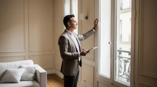 Agent immobilier inspectant un appartement lors d'une visite de vérification pré-commercialisation