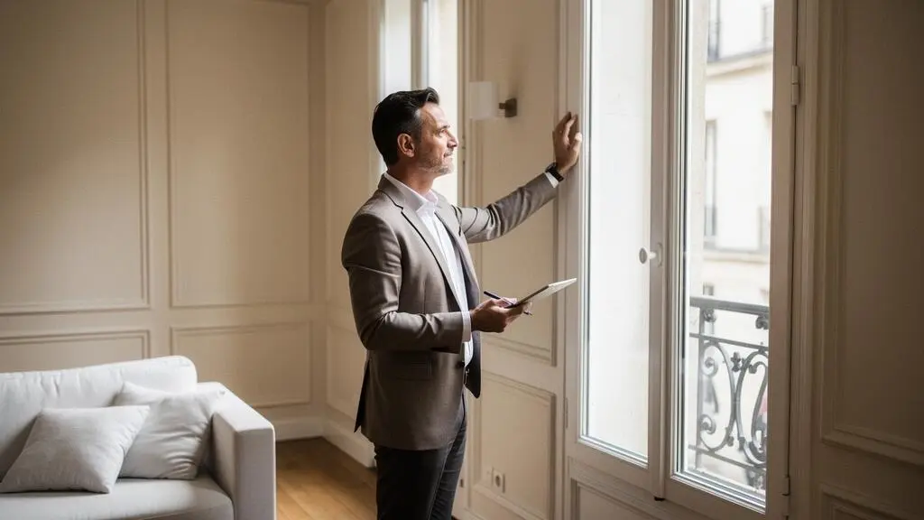 Agent immobilier inspectant un appartement lors d'une visite de vérification pré-commercialisation