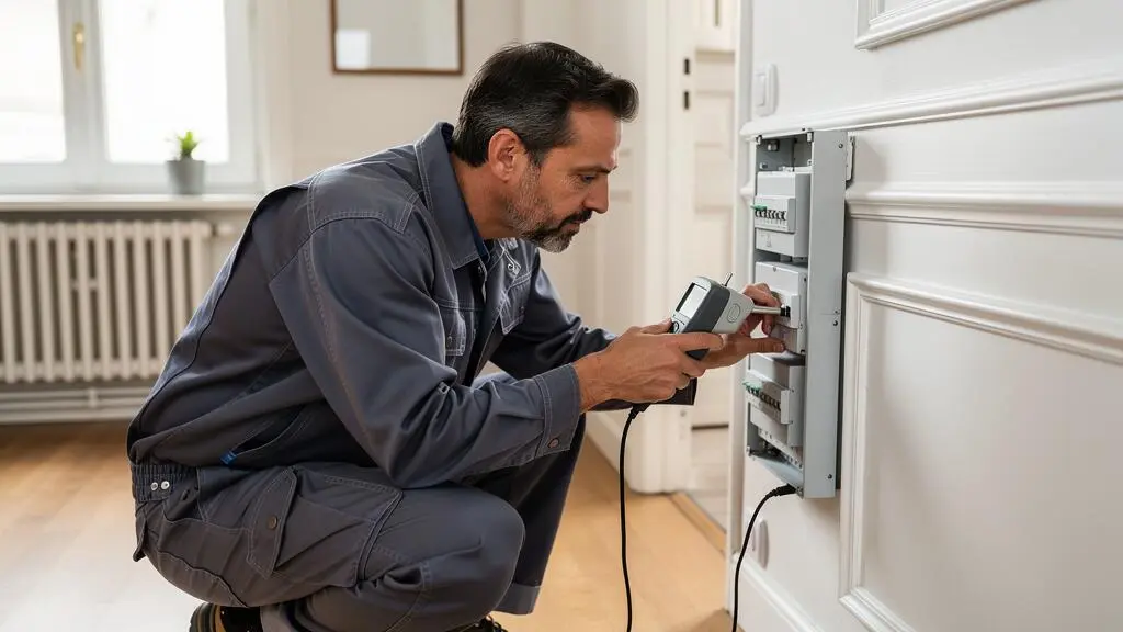 Diagnostiqueur technique effectuant une mesure avec un appareil professionnel dans un logement