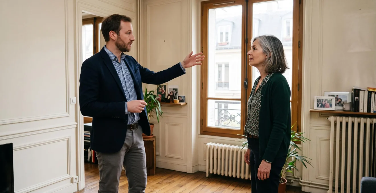 Gestionnaire immobilier et propriétaire bailleur discutant dans un appartement lors d'une évaluation