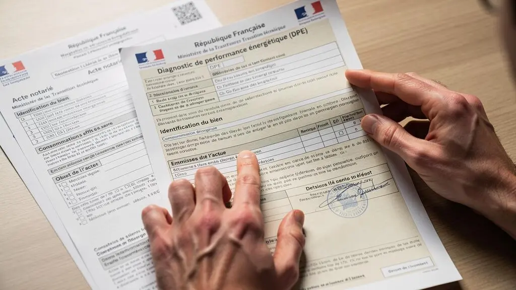 Mains d'un professionnel consultant des documents administratifs immobiliers officiels français