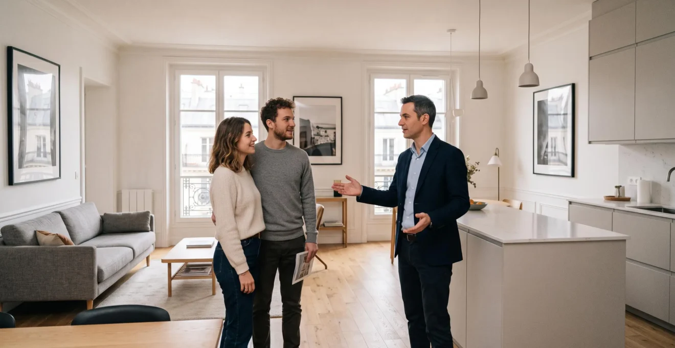 Agent immobilier faisant visiter un appartement à un couple de candidats locataires