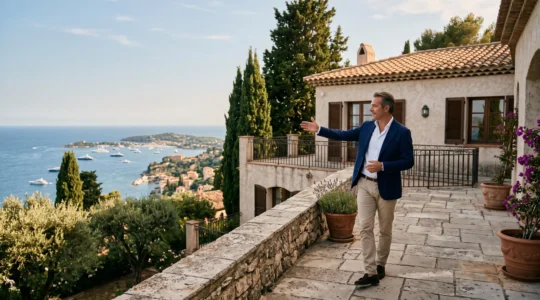 Un agent immobilier présente une villa en pierre avec vue sur la mer depuis la terrasse d'une propriété de la côte méditerranéenne des Pyrénées-Orientales.