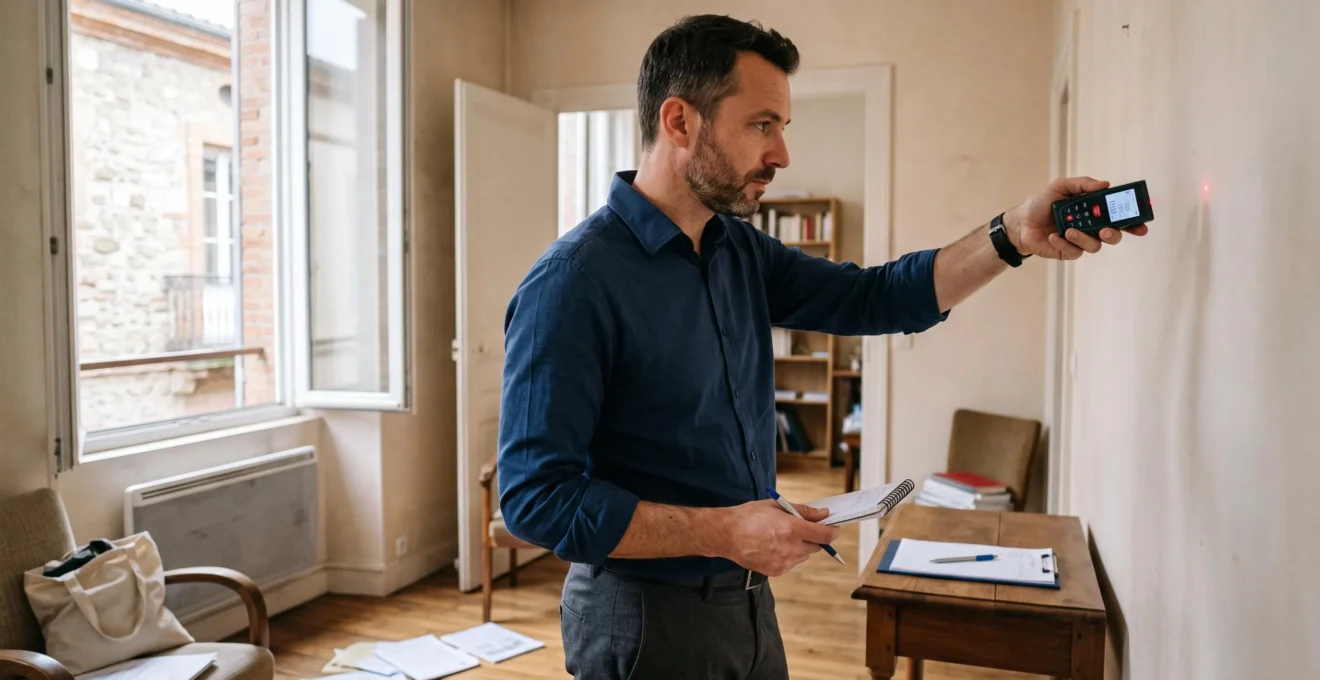 Agent immobilier utilisant un télémètre laser pour mesurer la superficie d'une pièce dans un appartement toulousain