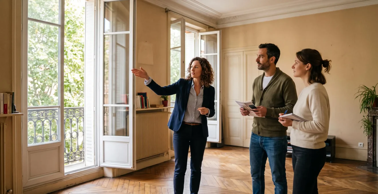 Agent immobilier faisant visiter un appartement toulousain à un couple d'acheteurs potentiels dans le salon