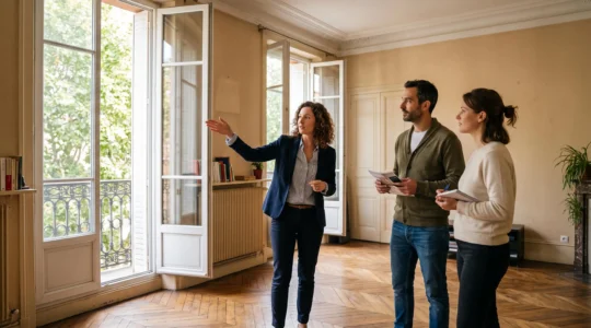 Agent immobilier faisant visiter un appartement toulousain à un couple d'acheteurs potentiels dans le salon